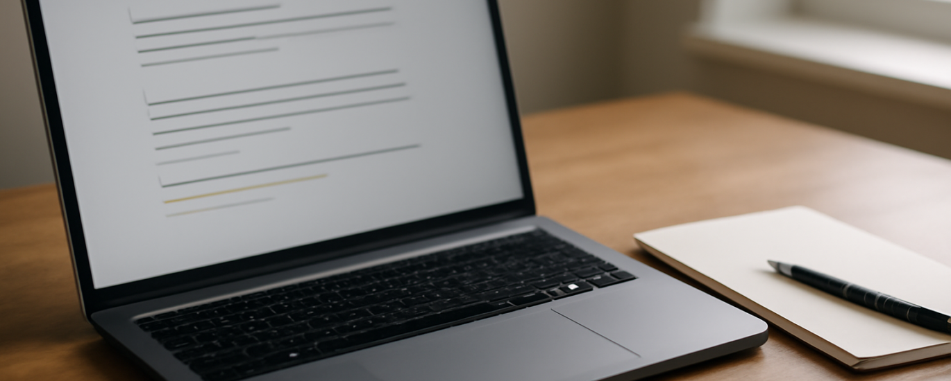 Laptop dengan aplikasi catatan teks sederhana di atas meja kayu