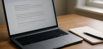 Laptop dengan aplikasi catatan teks sederhana di atas meja kayu