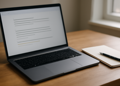 Laptop dengan aplikasi catatan teks sederhana di atas meja kayu
