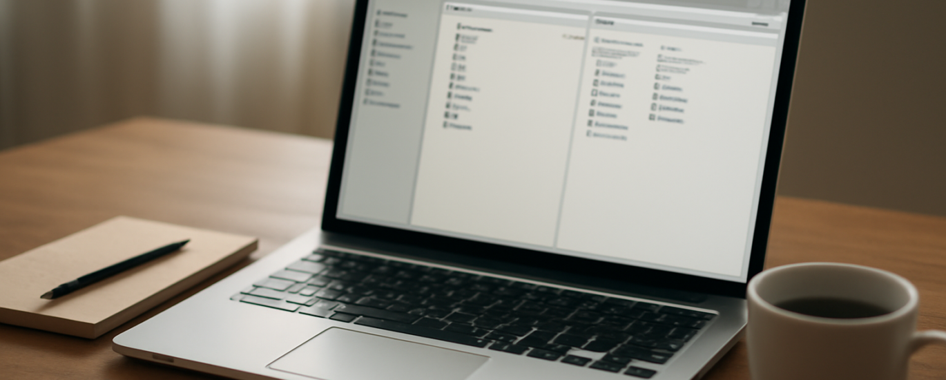 Laptop menampilkan aplikasi manajemen file dengan dua panel folder di atas meja kayu