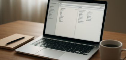 Laptop menampilkan aplikasi manajemen file dengan dua panel folder di atas meja kayu