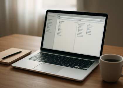 Laptop menampilkan aplikasi manajemen file dengan dua panel folder di atas meja kayu