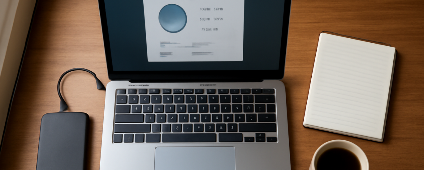 Laptop menampilkan pengaturan penyimpanan disk ditemani hard drive eksternal di meja kerja