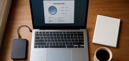 Laptop menampilkan pengaturan penyimpanan disk ditemani hard drive eksternal di meja kerja