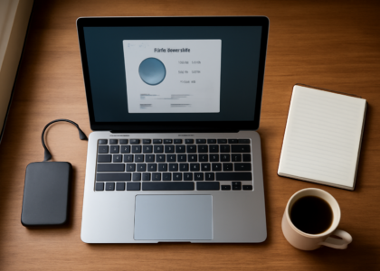 Laptop menampilkan pengaturan penyimpanan disk ditemani hard drive eksternal di meja kerja