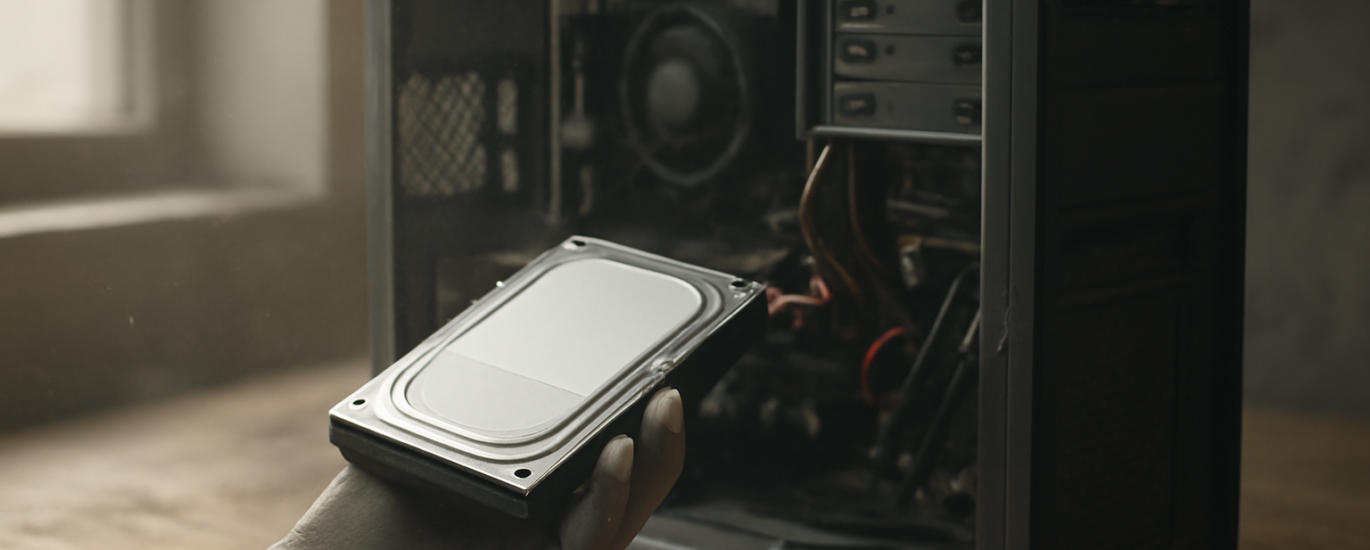Hard drive SATA dipegang di depan casing komputer yang terbuka saat pemeriksaan kesehatan disk