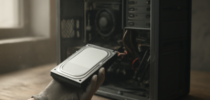 Hard drive SATA dipegang di depan casing komputer yang terbuka saat pemeriksaan kesehatan disk