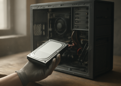 Hard drive SATA dipegang di depan casing komputer yang terbuka saat pemeriksaan kesehatan disk