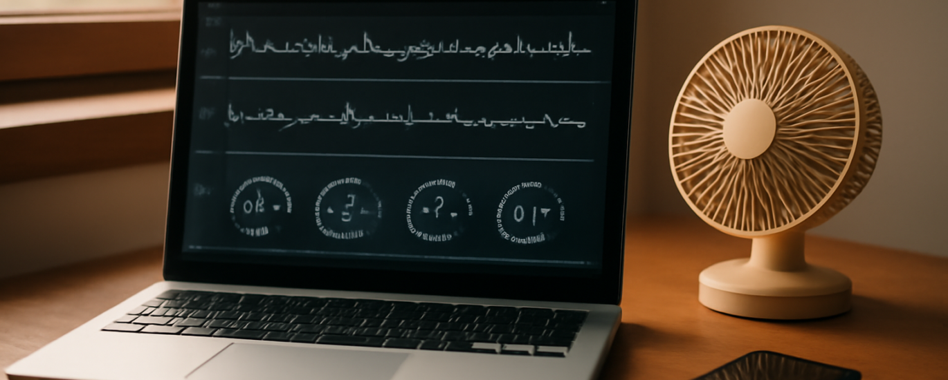Laptop di meja kayu menampilkan antarmuka pemantauan suhu CPU