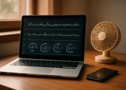 Laptop di meja kayu menampilkan antarmuka pemantauan suhu CPU