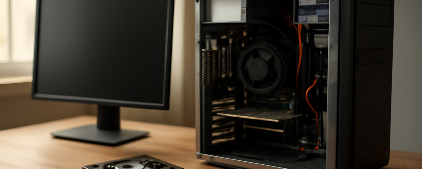 Hard drive yang akan didefrag di samping komputer desktop