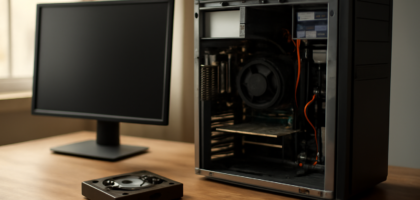 Hard drive yang akan didefrag di samping komputer desktop