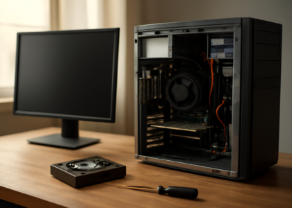 Hard drive yang akan didefrag di samping komputer desktop