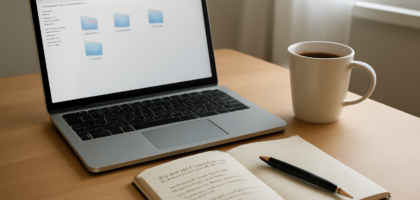 Meja kerja dengan laptop Windows dan catatan perbandingan software utilitas