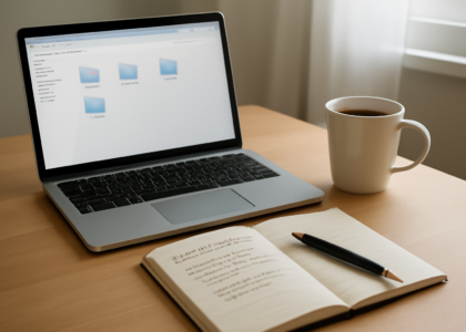 Meja kerja dengan laptop Windows dan catatan perbandingan software utilitas