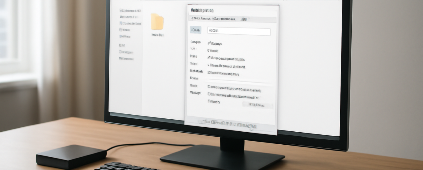 Layar komputer menampilkan jendela Properties folder di File Explorer dengan hard drive eksternal di meja kerja