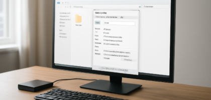 Layar komputer menampilkan jendela Properties folder di File Explorer dengan hard drive eksternal di meja kerja