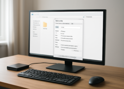 Layar komputer menampilkan jendela Properties folder di File Explorer dengan hard drive eksternal di meja kerja