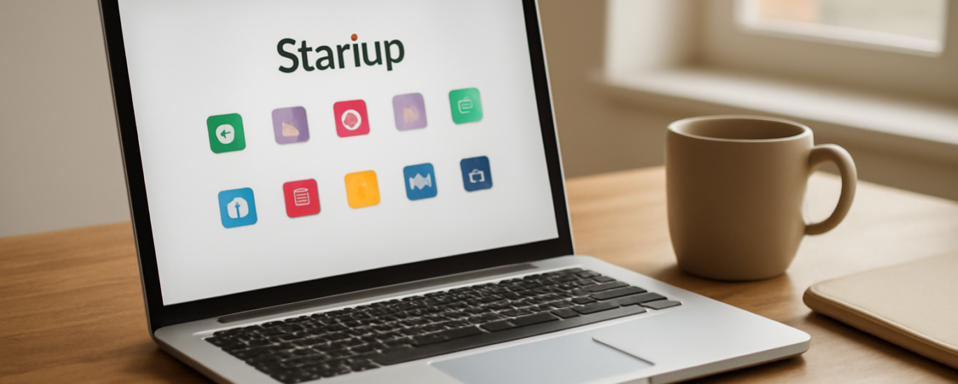 Laptop di meja kerja menampilkan daftar aplikasi startup Windows