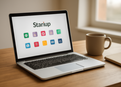 Laptop di meja kerja menampilkan daftar aplikasi startup Windows