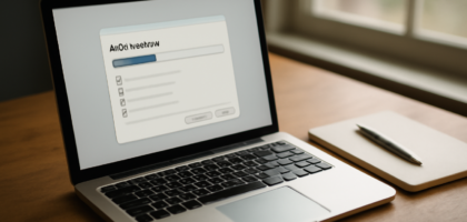 Laptop di meja kayu menampilkan dialog pembersihan disk Windows