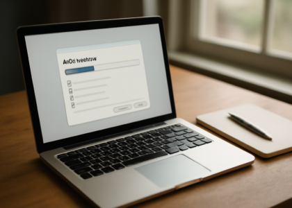 Laptop di meja kayu menampilkan dialog pembersihan disk Windows