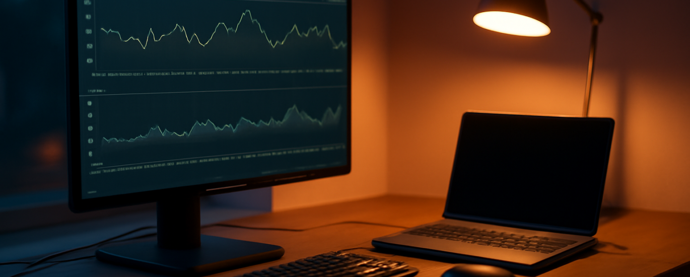 Meja kerja dengan monitor menampilkan grafik suhu dan kesehatan komputer