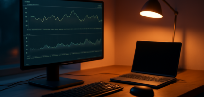 Meja kerja dengan monitor menampilkan grafik suhu dan kesehatan komputer