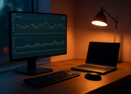 Meja kerja dengan monitor menampilkan grafik suhu dan kesehatan komputer