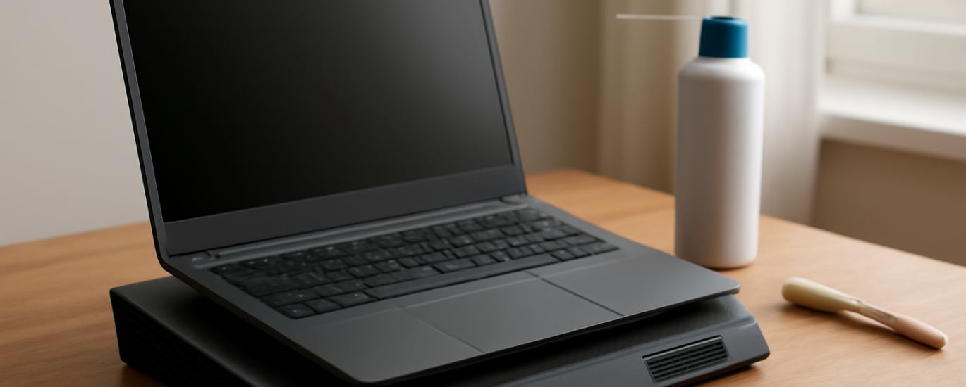 Laptop di atas meja dengan cooling pad dan alat pembersih debu