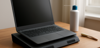 Laptop di atas meja dengan cooling pad dan alat pembersih debu