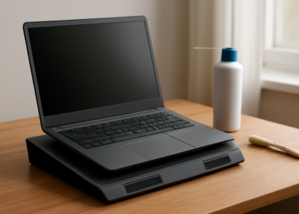 Laptop di atas meja dengan cooling pad dan alat pembersih debu